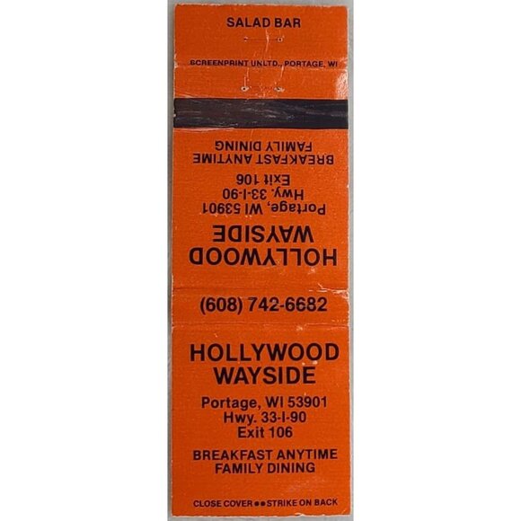 Matchbook Cover Hollywood Wayside Portage WI Wisconsin - Picture 1 of 4